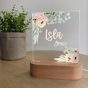 Kids Personalised acrylic Night Light. Custom made for your childs room or nursery and custom printed with name. Blush Rose design