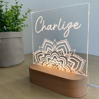 Kids Personalised acrylic Night Light. Custom made for your childs room or nursery and custom printed with name. Mandala design