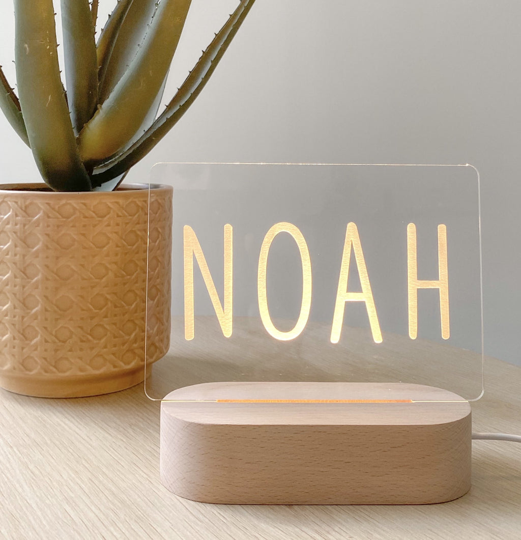 Kids Personalised acrylic Night Light. Custom made for your childs room or nursery and custom printed with name. Block name design
