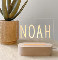 Kids Personalised acrylic Night Light. Custom made for your childs room or nursery and custom printed with name. Block name design
