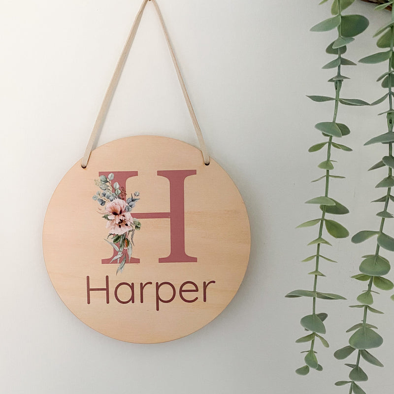 kids Printed wooden personalised door sign with engraved name. Kids custom Name Plaque Dusty Pink Letter with flowers  Design