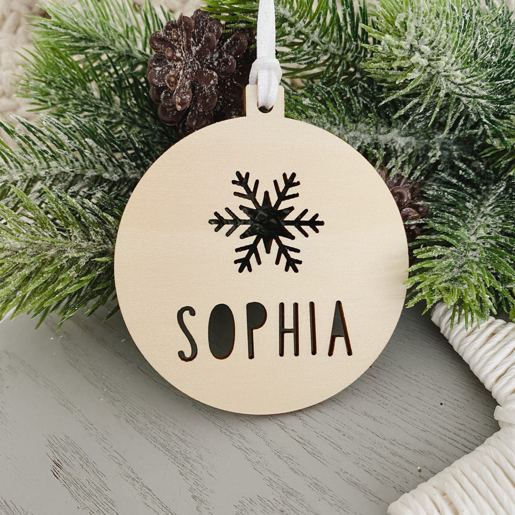 personalised Snowflake wooden name christmas bauble ornament