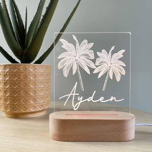 Kids Personalised acrylic Night Light. Custom made for your childs room or nursery and custom printed with name. Boho Palm Trees design