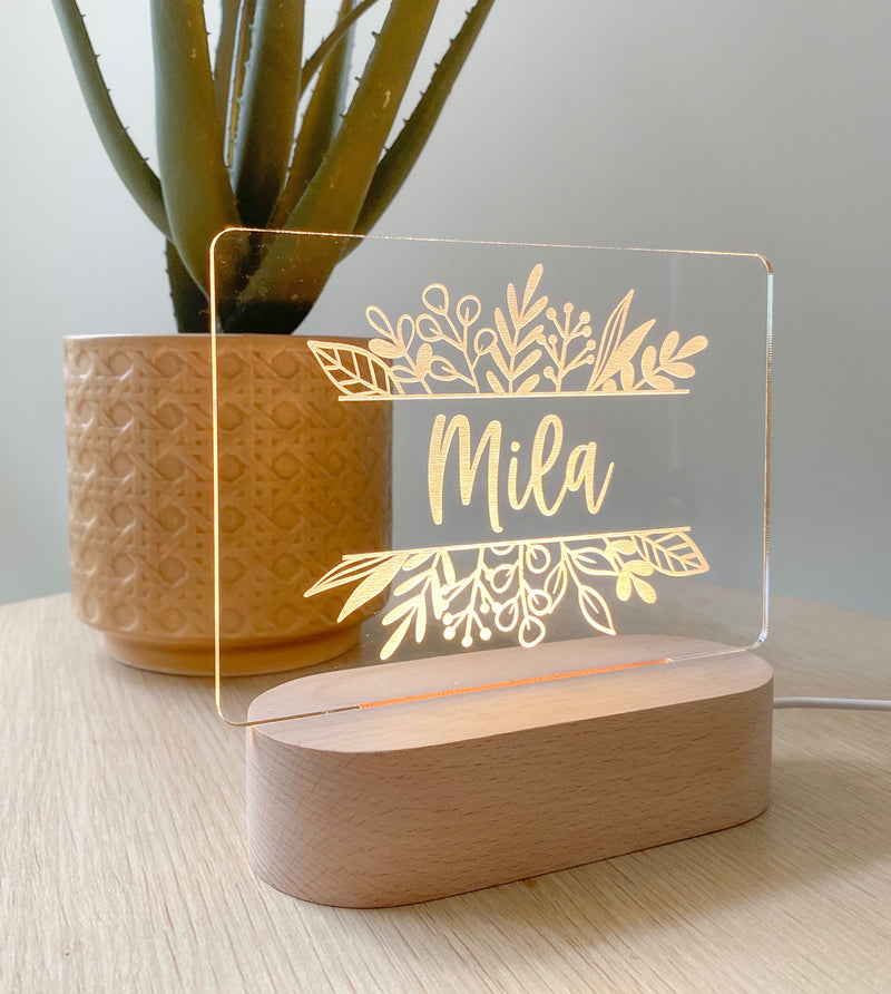 Kids Personalised acrylic Night Light. Custom made for your childs room or nursery and custom printed with name. Botanical design
