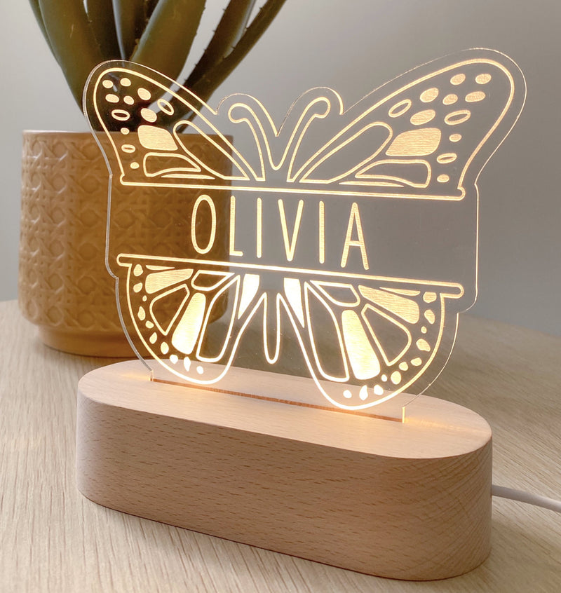 Kids Personalised acrylic Night Light. Custom made for your childs room or nursery and custom printed with name. Butterfly design