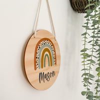 kids Printed wooden personalised door sign with engraved name. Kids custom Name Plaque Boho Tan Rianbow  Design