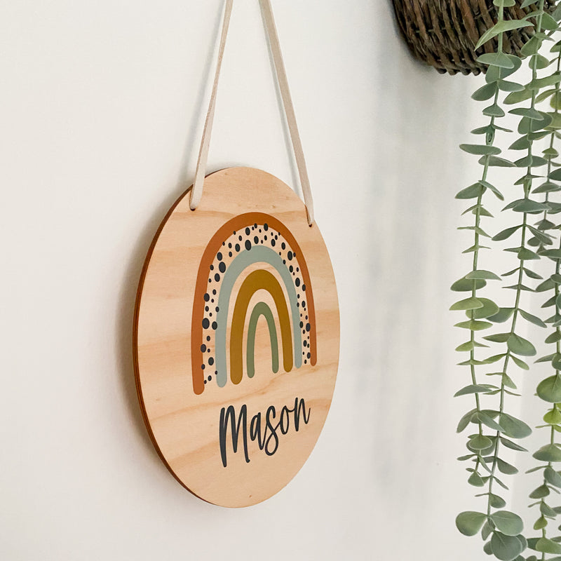 kids Printed wooden personalised door sign with engraved name. Kids custom Name Plaque Boho Tan Rianbow  Design