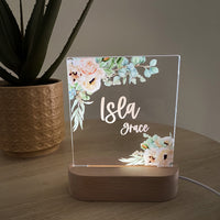 Kids Personalised acrylic Night Light. Custom made for your childs room or nursery and custom printed with name. Blush Rose design