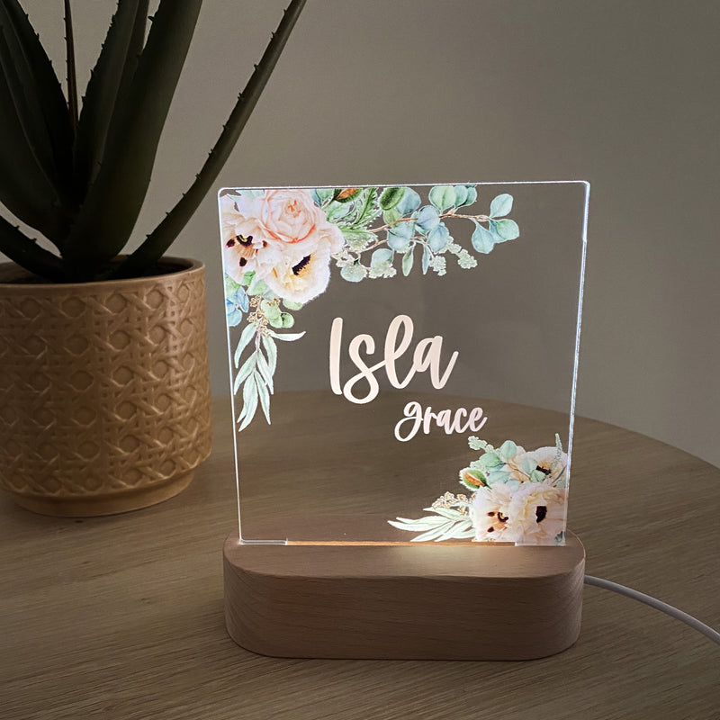 Kids Personalised acrylic Night Light. Custom made for your childs room or nursery and custom printed with name. Blush Rose design