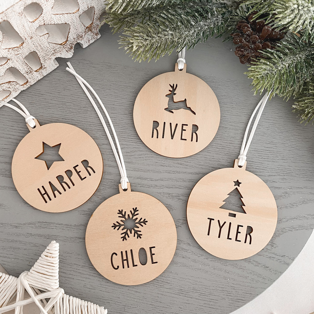 personalised wooden name christmas bauble ornament