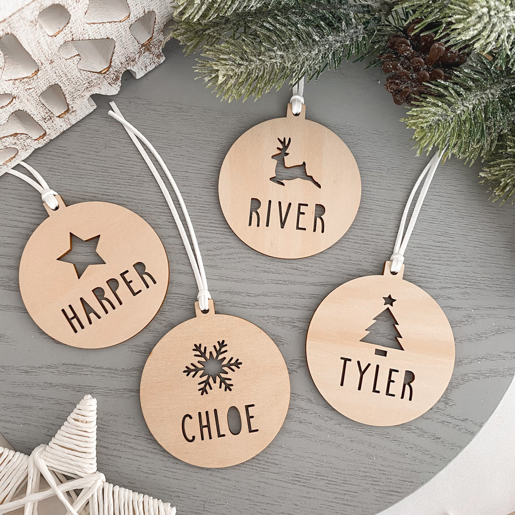 personalised Reindeer wooden name christmas bauble ornament