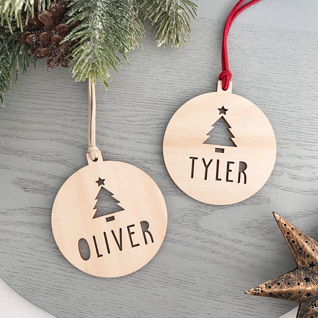 personalised Tree wooden name christmas bauble ornament