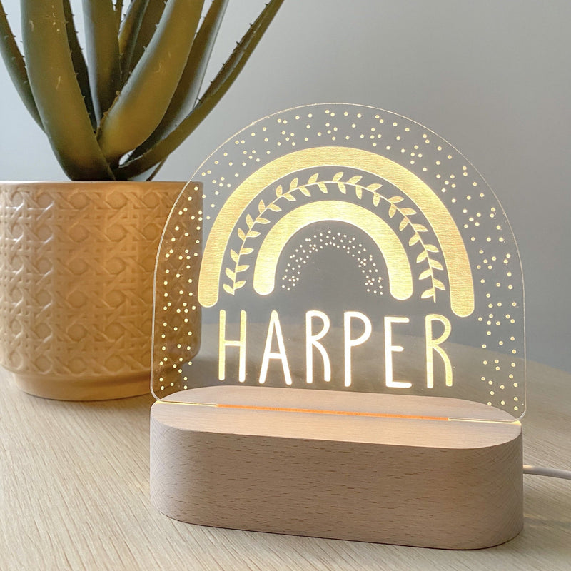 Kids Personalised acrylic Night Light. Custom made for your childs room or nursery and custom printed with name. Rainbow design