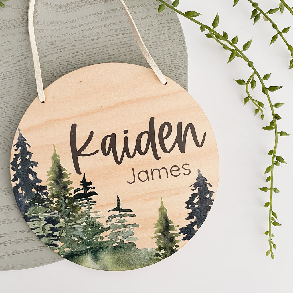kids Printed wooden personalised door sign with engraved name. Kids custom Name Plaque Blue Forest Trees Design