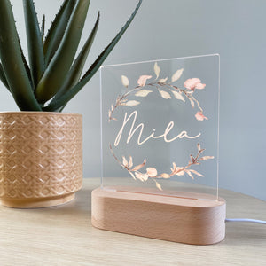 Kids Personalised acrylic Night Light. Custom made for your childs room or nursery and custom printed with name. Blush Floral wreath design