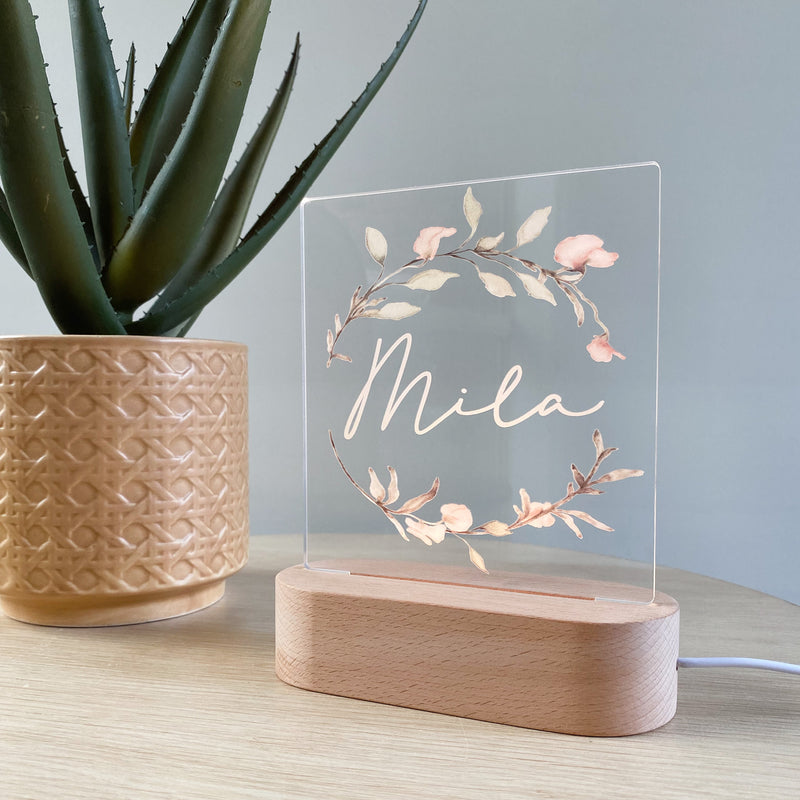 Kids Personalised acrylic Night Light. Custom made for your childs room or nursery and custom printed with name. Blush Floral wreath design
