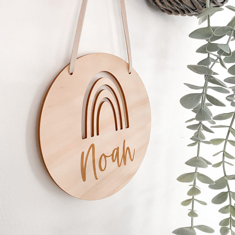 Kids Round Wooden engraved custom rainbow door sign