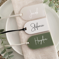Arch Acrylic Luggage tags used for wedding favours and name cards place settings for wedding tables