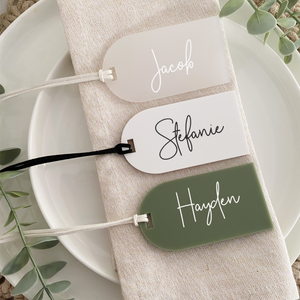 Arch Acrylic Luggage tags used for wedding favours and name cards place settings for wedding tables