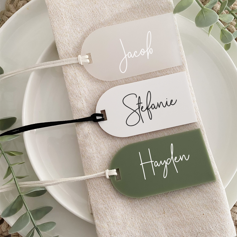 Arch Acrylic Luggage tags used for wedding favours and name cards place settings for wedding tables
