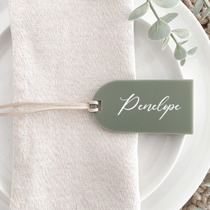Arch Acrylic Luggage tags used for wedding favours and name cards place settings for wedding tables