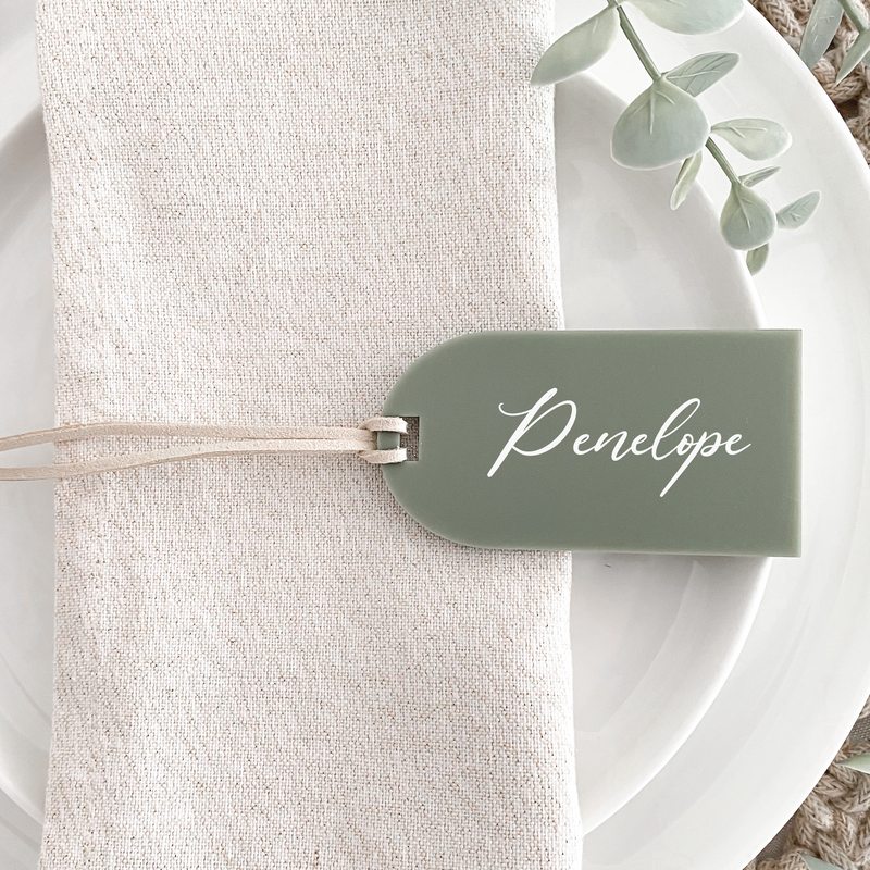 Arch Acrylic Luggage tags used for wedding favours and name cards place settings for wedding tables