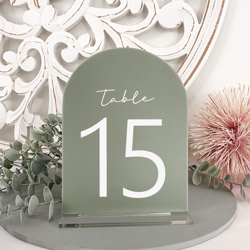Olive green arch acrylic wedding table number