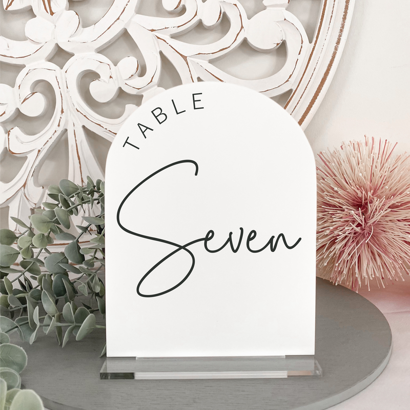 Arch acrylic modern table number frosted black white green blush beige