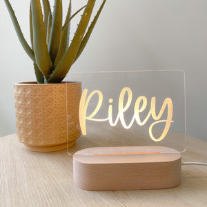 Kids personalised Acrylic Night Light with Name wooden Base