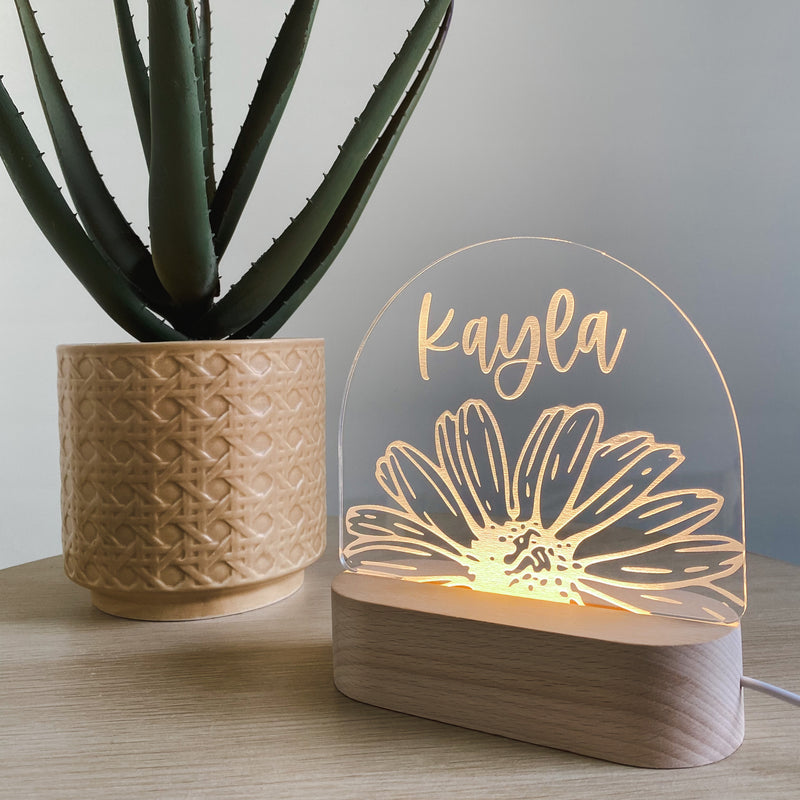 Kids Personalised acrylic Night Light. Custom made for your childs room or nursery and custom printed with name. Sunflower design