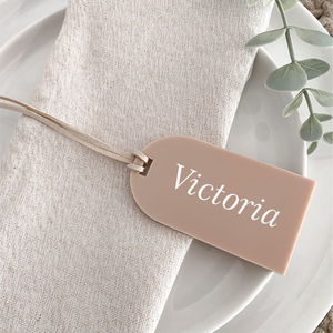 Arch Acrylic Luggage tags used for wedding favours and name cards place settings for wedding tables