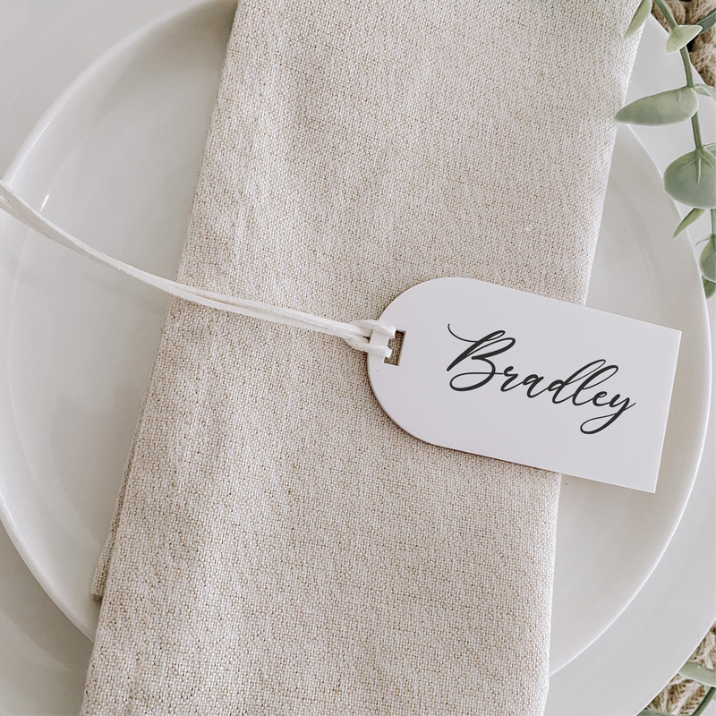 Arch Acrylic Luggage tags used for wedding favours and name cards place settings for wedding tables